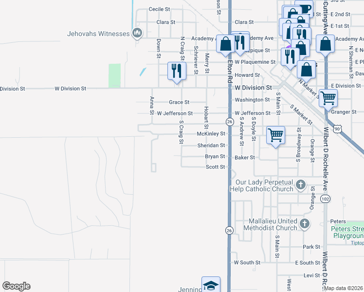 map of restaurants, bars, coffee shops, grocery stores, and more near 899 Sheridan Street in Jennings