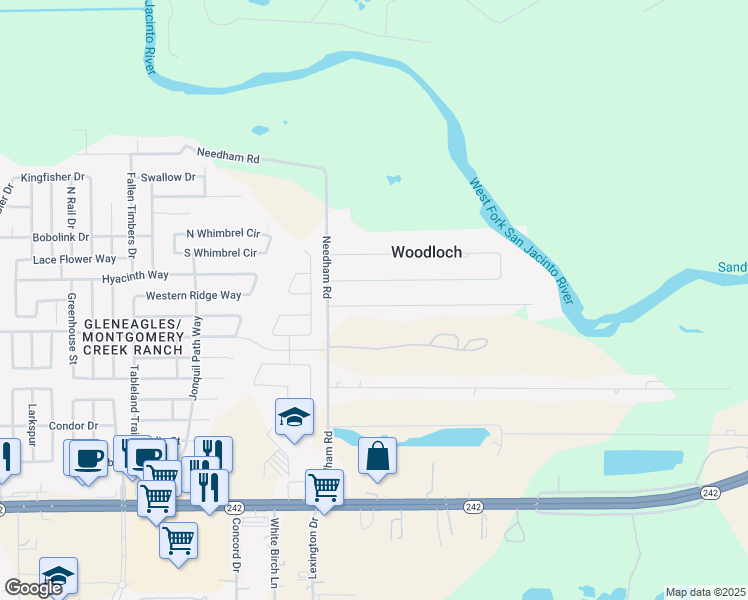 map of restaurants, bars, coffee shops, grocery stores, and more near 2513 River Ridge in Conroe