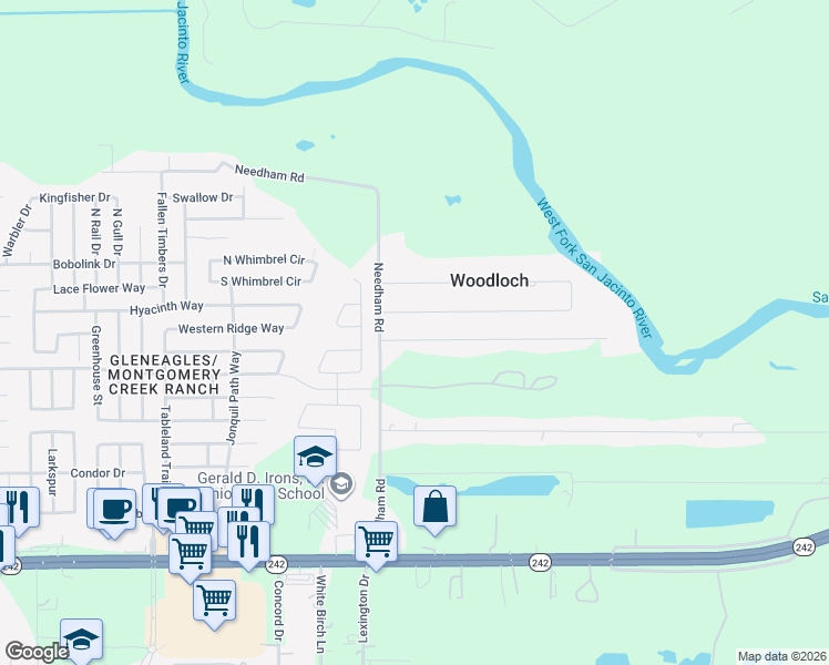 map of restaurants, bars, coffee shops, grocery stores, and more near 2513 River Ridge in Conroe