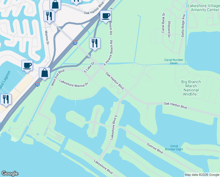 map of restaurants, bars, coffee shops, grocery stores, and more near 3520 Oak Harbor Boulevard in Slidell
