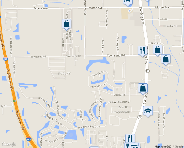 map of restaurants, bars, coffee shops, grocery stores, and more near 6339 Ironside Drive North in Jacksonville