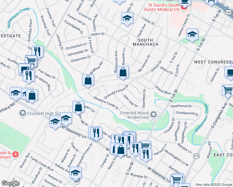 map of restaurants, bars, coffee shops, grocery stores, and more near 1006 Emerald Wood Drive in Austin