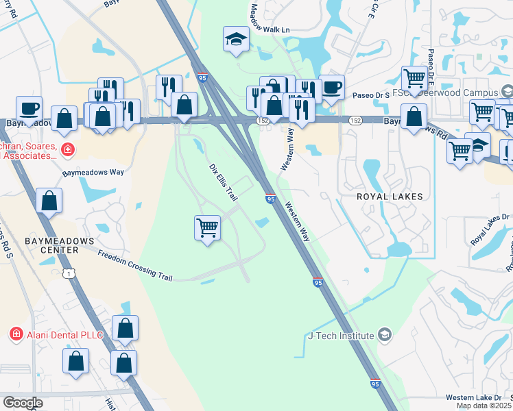map of restaurants, bars, coffee shops, grocery stores, and more near 8375 Dix Ellis Trail in Jacksonville