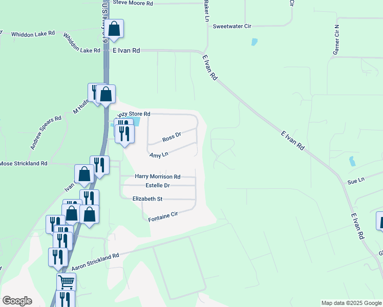 map of restaurants, bars, coffee shops, grocery stores, and more near 227 Linzy Store Road in Crawfordville