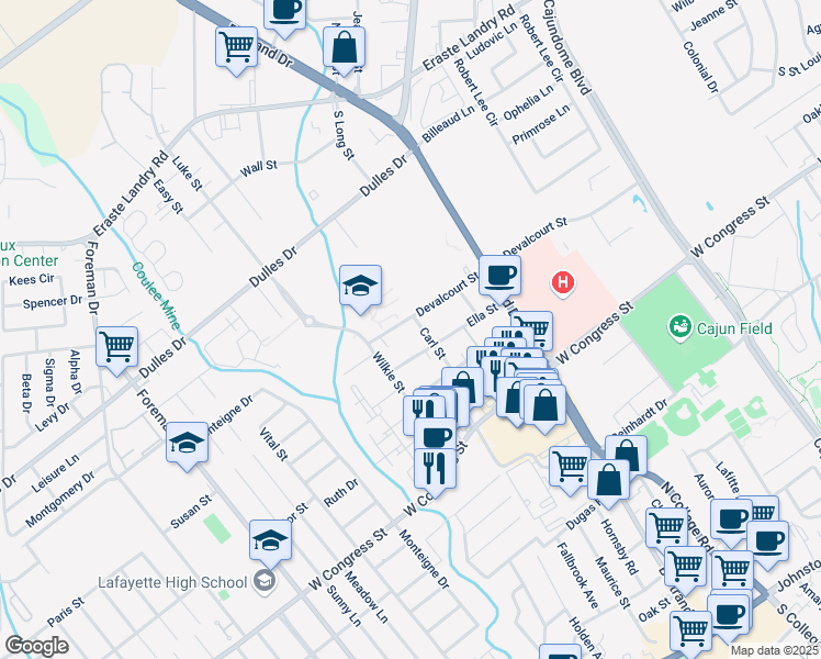 map of restaurants, bars, coffee shops, grocery stores, and more near 304 Ella Street in Lafayette