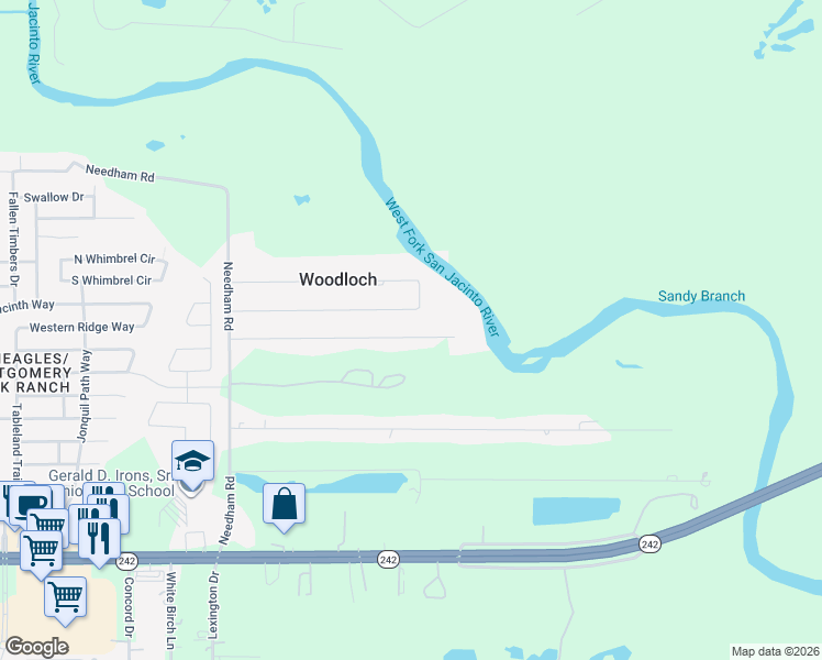 map of restaurants, bars, coffee shops, grocery stores, and more near 2544 River Ridge in Conroe