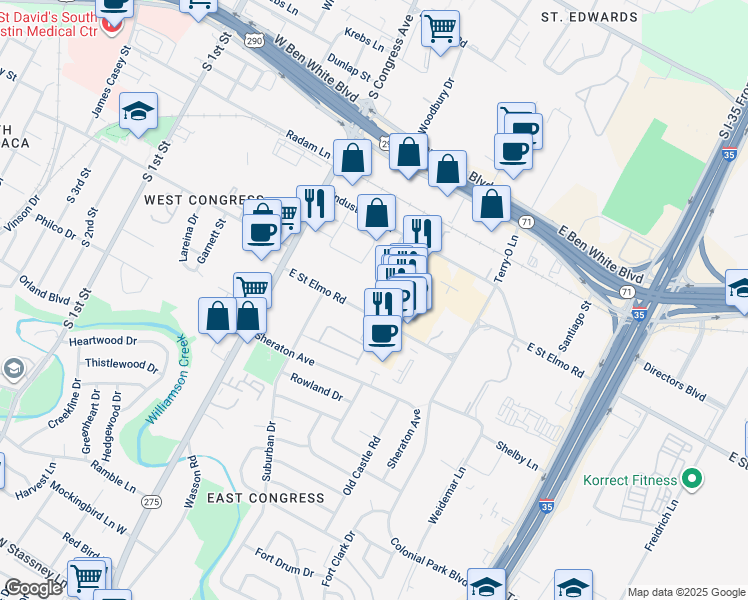 map of restaurants, bars, coffee shops, grocery stores, and more near 311 E St Elmo Rd in Austin