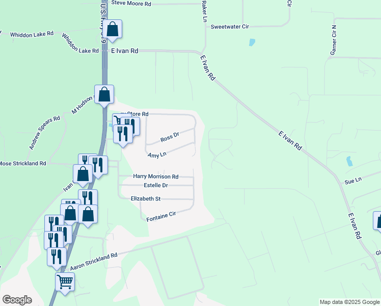 map of restaurants, bars, coffee shops, grocery stores, and more near 227 Linzy Store Road in Crawfordville
