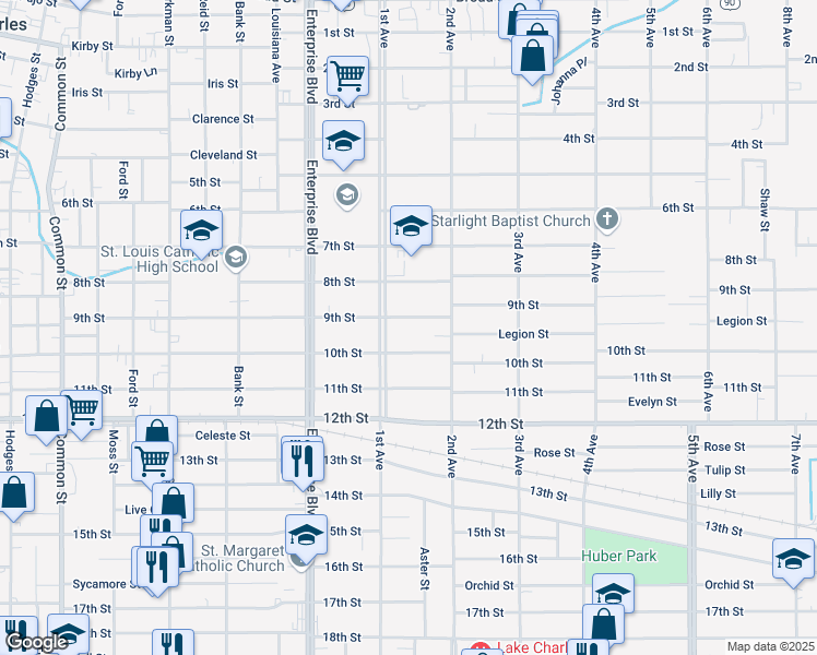 map of restaurants, bars, coffee shops, grocery stores, and more near 1415 10th Street in Lake Charles