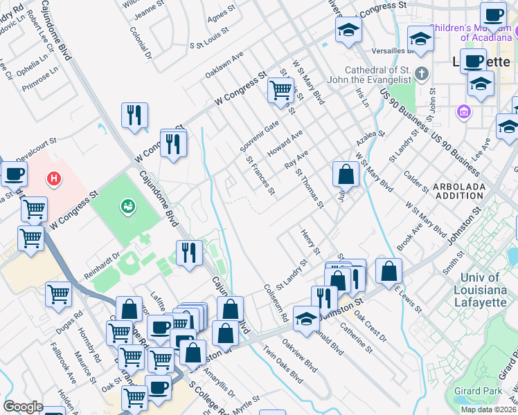 map of restaurants, bars, coffee shops, grocery stores, and more near 956 Azalea St in Lafayette