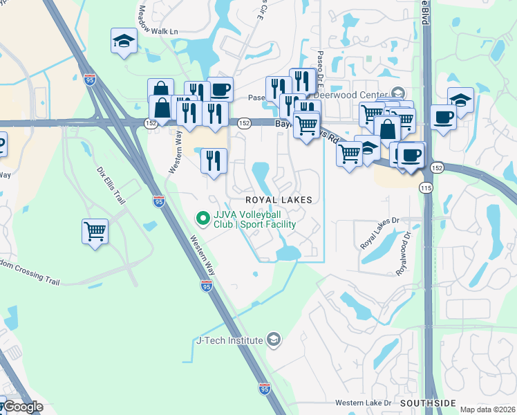 map of restaurants, bars, coffee shops, grocery stores, and more near 9480 Princeton Square Boulevard South in Jacksonville