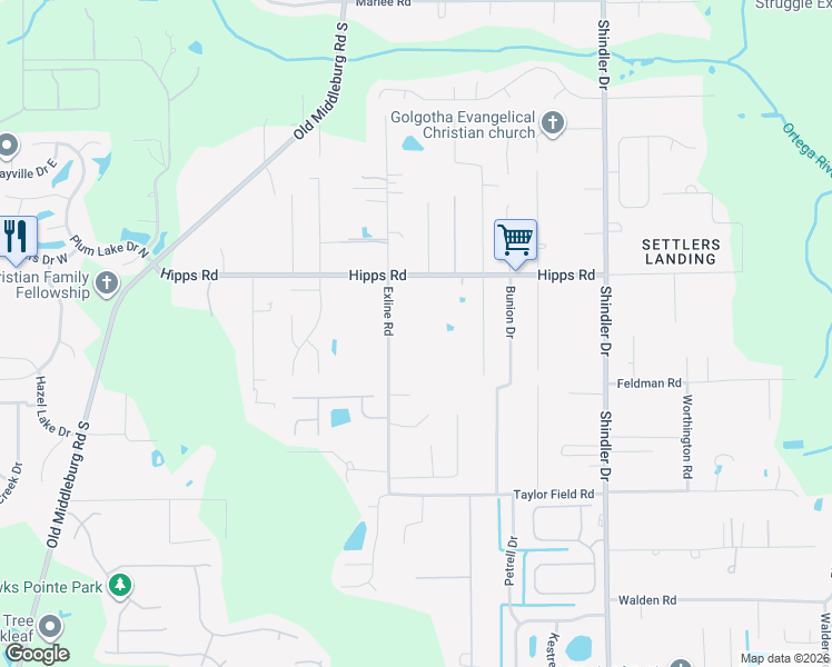 map of restaurants, bars, coffee shops, grocery stores, and more near 7239 Exline Road in Jacksonville