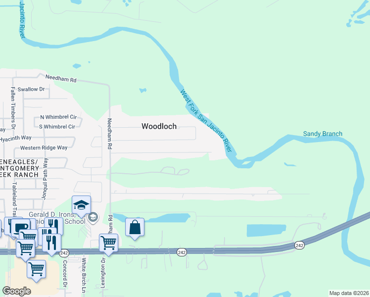 map of restaurants, bars, coffee shops, grocery stores, and more near 2544 River Ridge in Conroe