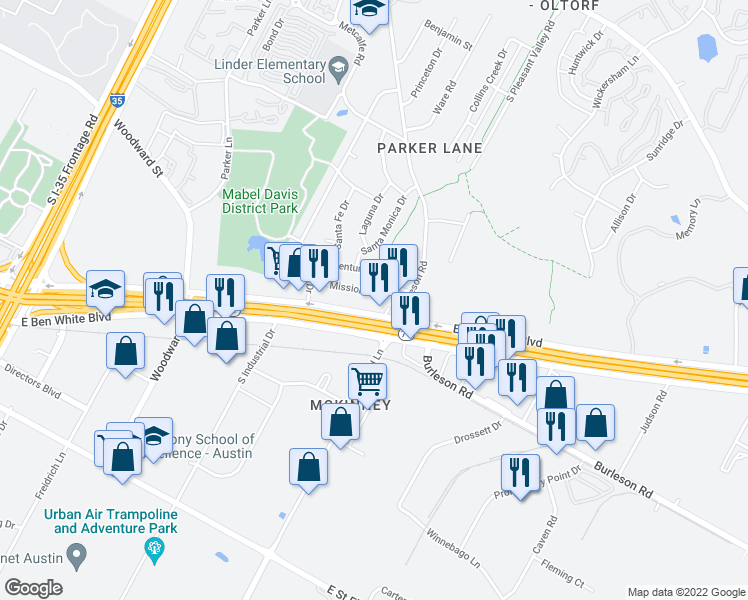 map of restaurants, bars, coffee shops, grocery stores, and more near 2506 East Ben White Boulevard in Austin