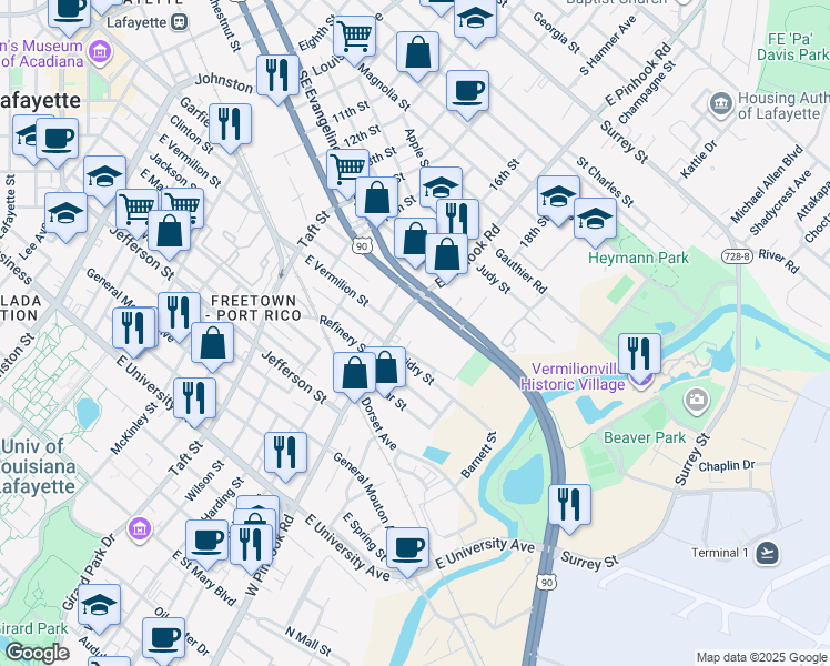 map of restaurants, bars, coffee shops, grocery stores, and more near 516 East Pinhook Road in Lafayette