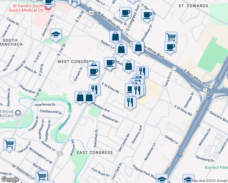 map of restaurants, bars, coffee shops, grocery stores, and more near 201 East Saint Elmo Road in Austin