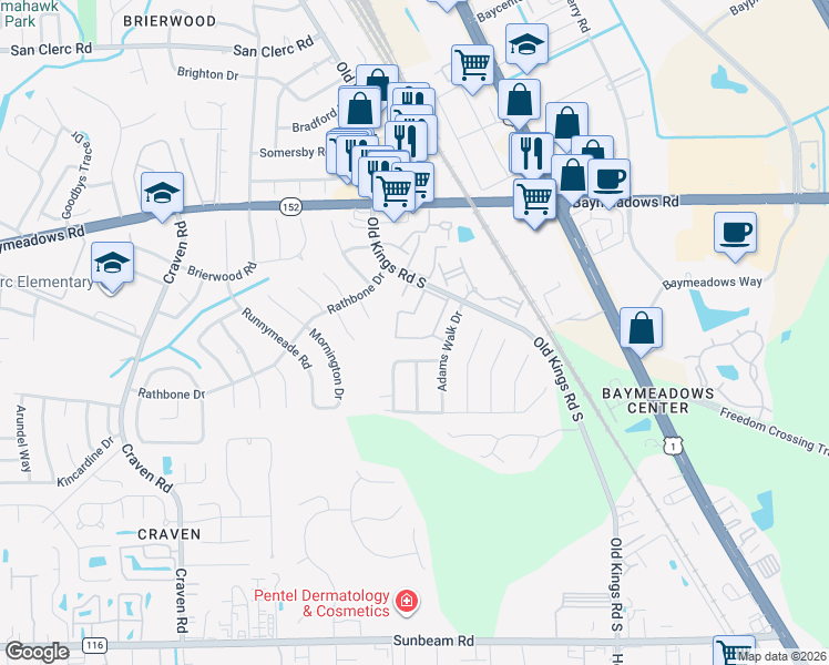 map of restaurants, bars, coffee shops, grocery stores, and more near 8880 Old Kings Road South in Jacksonville