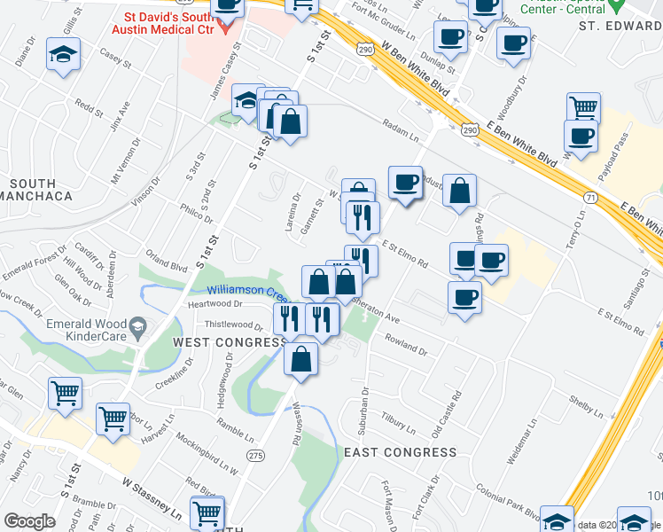 map of restaurants, bars, coffee shops, grocery stores, and more near 4506 South Congress Avenue in Austin