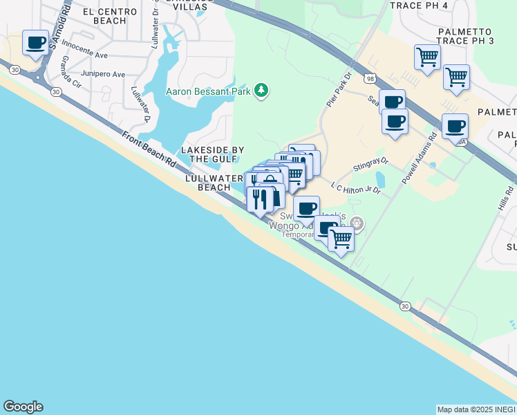 map of restaurants, bars, coffee shops, grocery stores, and more near 16230 Front Beach Road in Panama City Beach