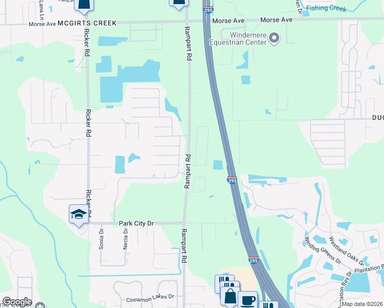 map of restaurants, bars, coffee shops, grocery stores, and more near Rampart Rd in Jacksonville