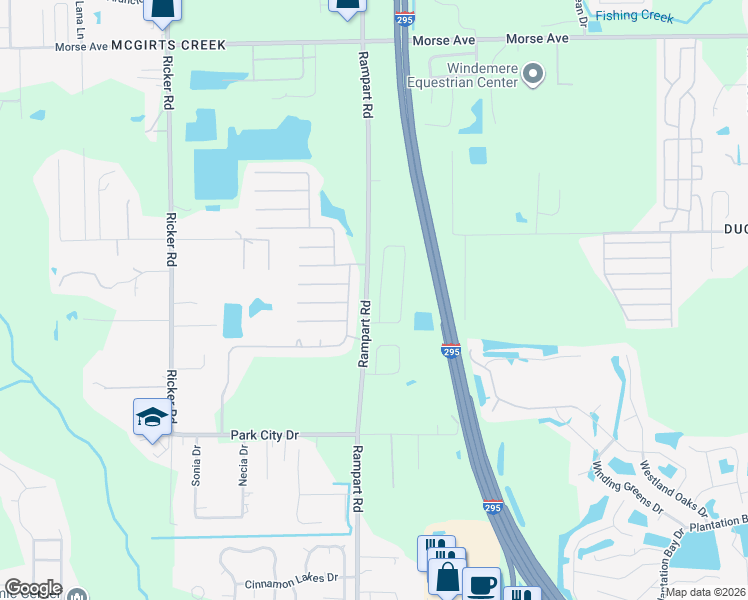 map of restaurants, bars, coffee shops, grocery stores, and more near Rampart Rd in Jacksonville