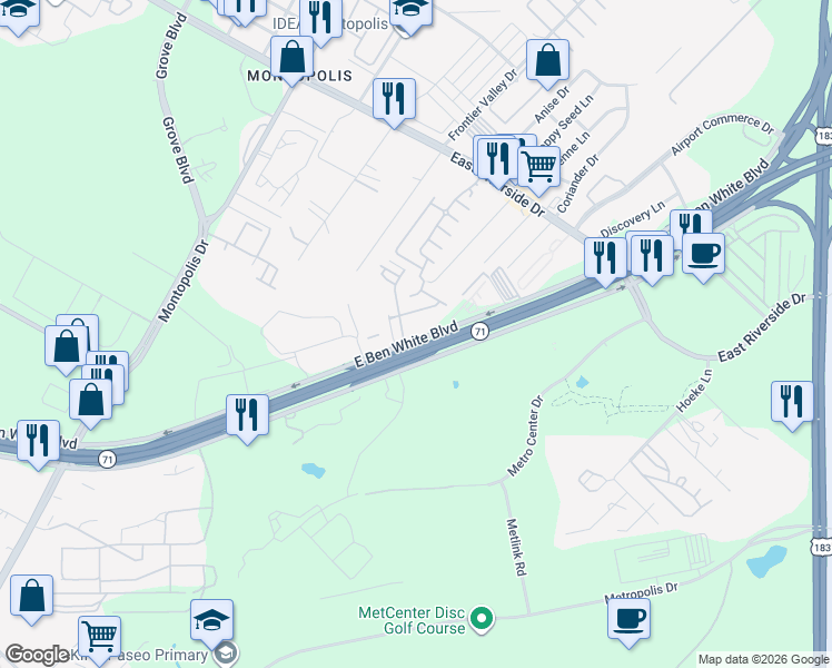 map of restaurants, bars, coffee shops, grocery stores, and more near 2312 Hermia Street in Austin