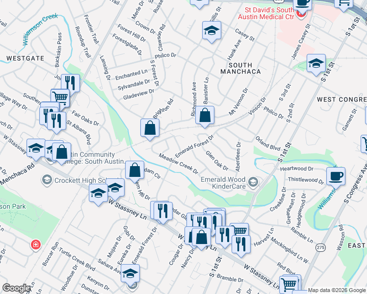 map of restaurants, bars, coffee shops, grocery stores, and more near 5117 Emerald Forest Drive in Austin