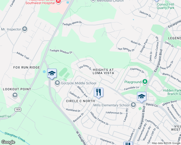 map of restaurants, bars, coffee shops, grocery stores, and more near 7017 Via Dono Drive in Austin