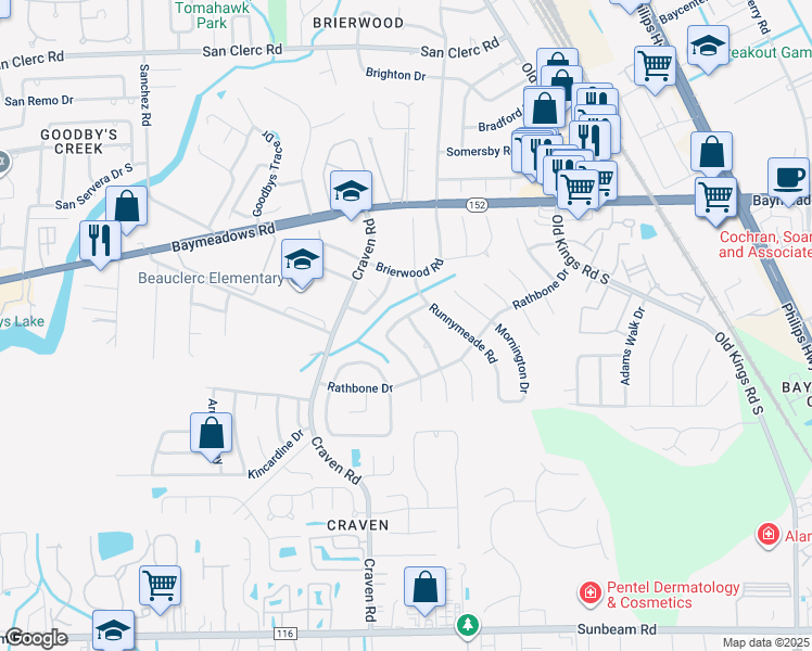 map of restaurants, bars, coffee shops, grocery stores, and more near 9008 Warwickshire Road in Jacksonville