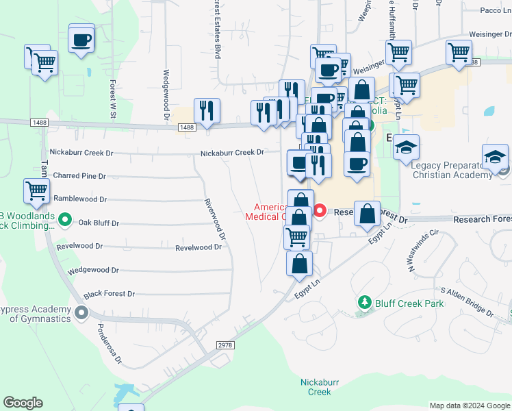map of restaurants, bars, coffee shops, grocery stores, and more near 32807 Oak Creek Drive in Magnolia
