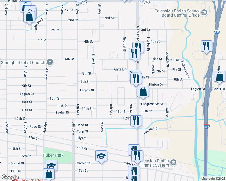 map of restaurants, bars, coffee shops, grocery stores, and more near 1745 Broadmoor Dr in Lake Charles