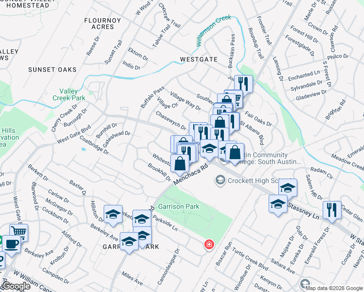 map of restaurants, bars, coffee shops, grocery stores, and more near 5738 Menchaca Road in Austin
