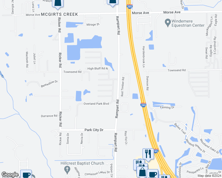 map of restaurants, bars, coffee shops, grocery stores, and more near 7194 Overland Park Boulevard East in Jacksonville