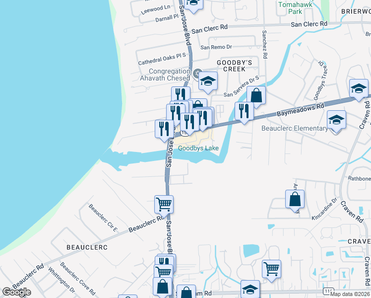 map of restaurants, bars, coffee shops, grocery stores, and more near 9020 San Jose Boulevard in Jacksonville