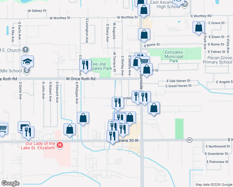 map of restaurants, bars, coffee shops, grocery stores, and more near 420 West Bordelon Street in Gonzales