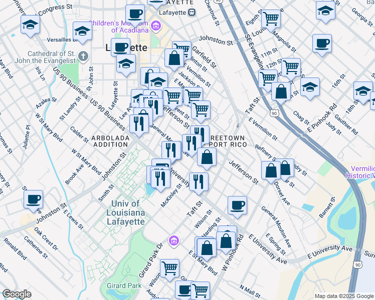 map of restaurants, bars, coffee shops, grocery stores, and more near 426 General Mouton Avenue in Lafayette