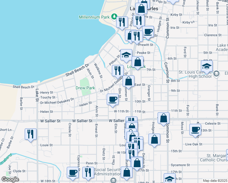 map of restaurants, bars, coffee shops, grocery stores, and more near 1705 Ethel Street in Lake Charles