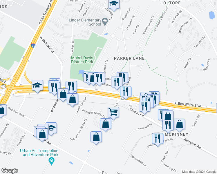 map of restaurants, bars, coffee shops, grocery stores, and more near 2400 East Ben White Boulevard in Austin