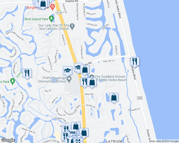 map of restaurants, bars, coffee shops, grocery stores, and more near 41 Ponte Vedra Colony Circle in Ponte Vedra Beach