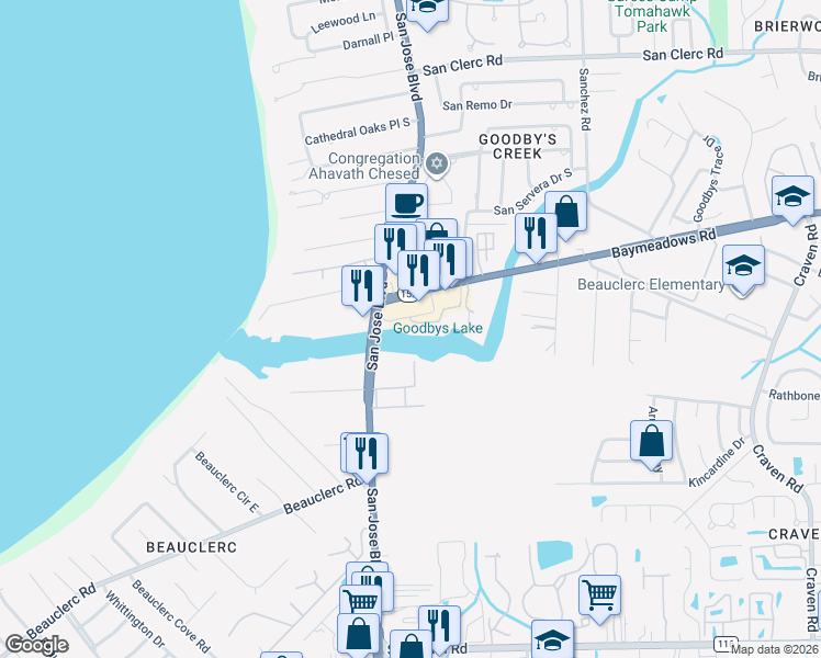 map of restaurants, bars, coffee shops, grocery stores, and more near 9020 San Jose Boulevard in Jacksonville