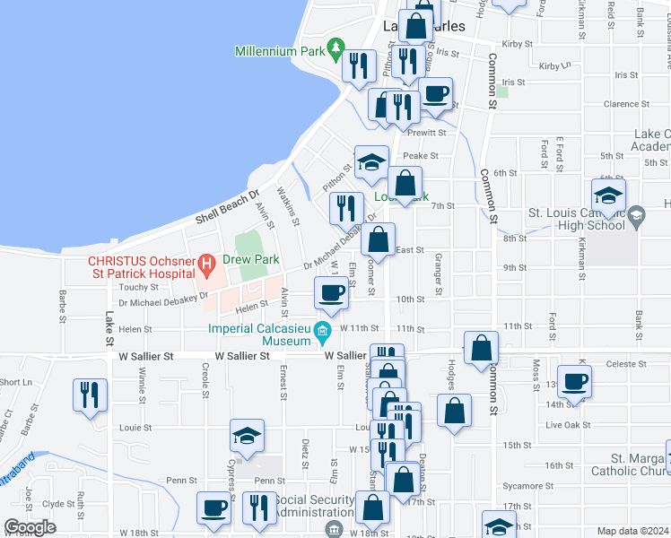 map of restaurants, bars, coffee shops, grocery stores, and more near 155 Doctor Michael Debakey Drive in Lake Charles