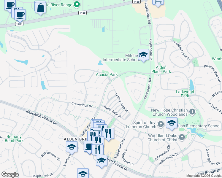 map of restaurants, bars, coffee shops, grocery stores, and more near 46 Pipers Meadow Street in Spring
