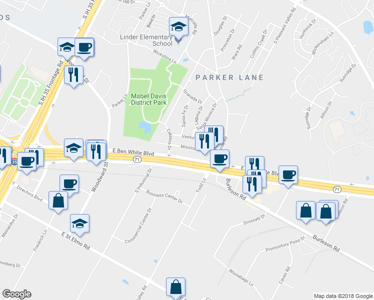 map of restaurants, bars, coffee shops, grocery stores, and more near 2400 East Ben White Boulevard in Austin