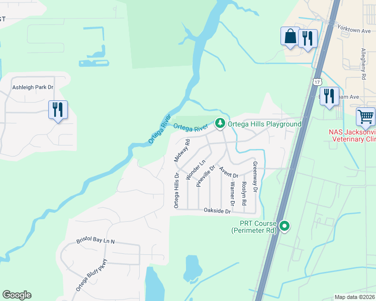 map of restaurants, bars, coffee shops, grocery stores, and more near 7310 Ortega Hills Drive in Jacksonville