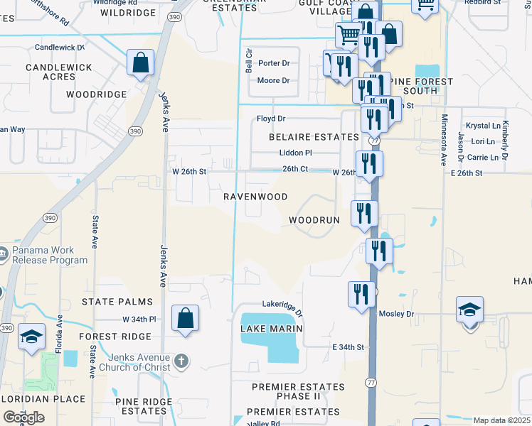 map of restaurants, bars, coffee shops, grocery stores, and more near 2729 Ravenwood Court in Lynn Haven