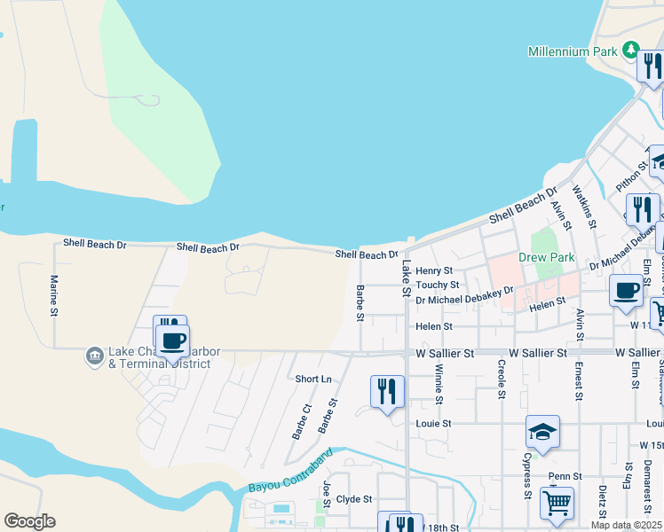 map of restaurants, bars, coffee shops, grocery stores, and more near 905 Shell Beach Drive in Lake Charles