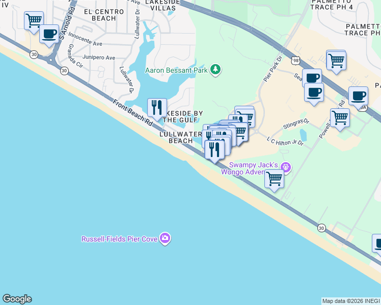 map of restaurants, bars, coffee shops, grocery stores, and more near 16307 Front Beach Road in Panama City Beach