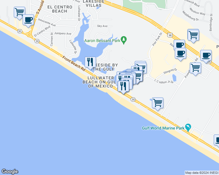 map of restaurants, bars, coffee shops, grocery stores, and more near 16307 Front Beach Road in Panama City Beach