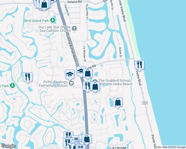 map of restaurants, bars, coffee shops, grocery stores, and more near 72 Ponte Vedra Colony Circle in Ponte Vedra Beach