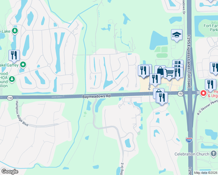 map of restaurants, bars, coffee shops, grocery stores, and more near 8245 Sabal Oak Lane in Jacksonville